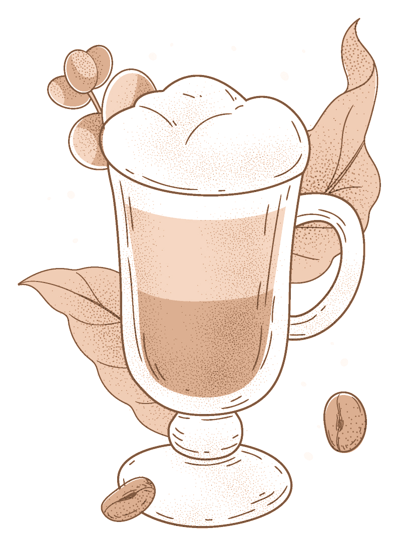 A latte cup with coffee beans, symbolizing that our work is rich, smooth, and full of vibrant flavor.