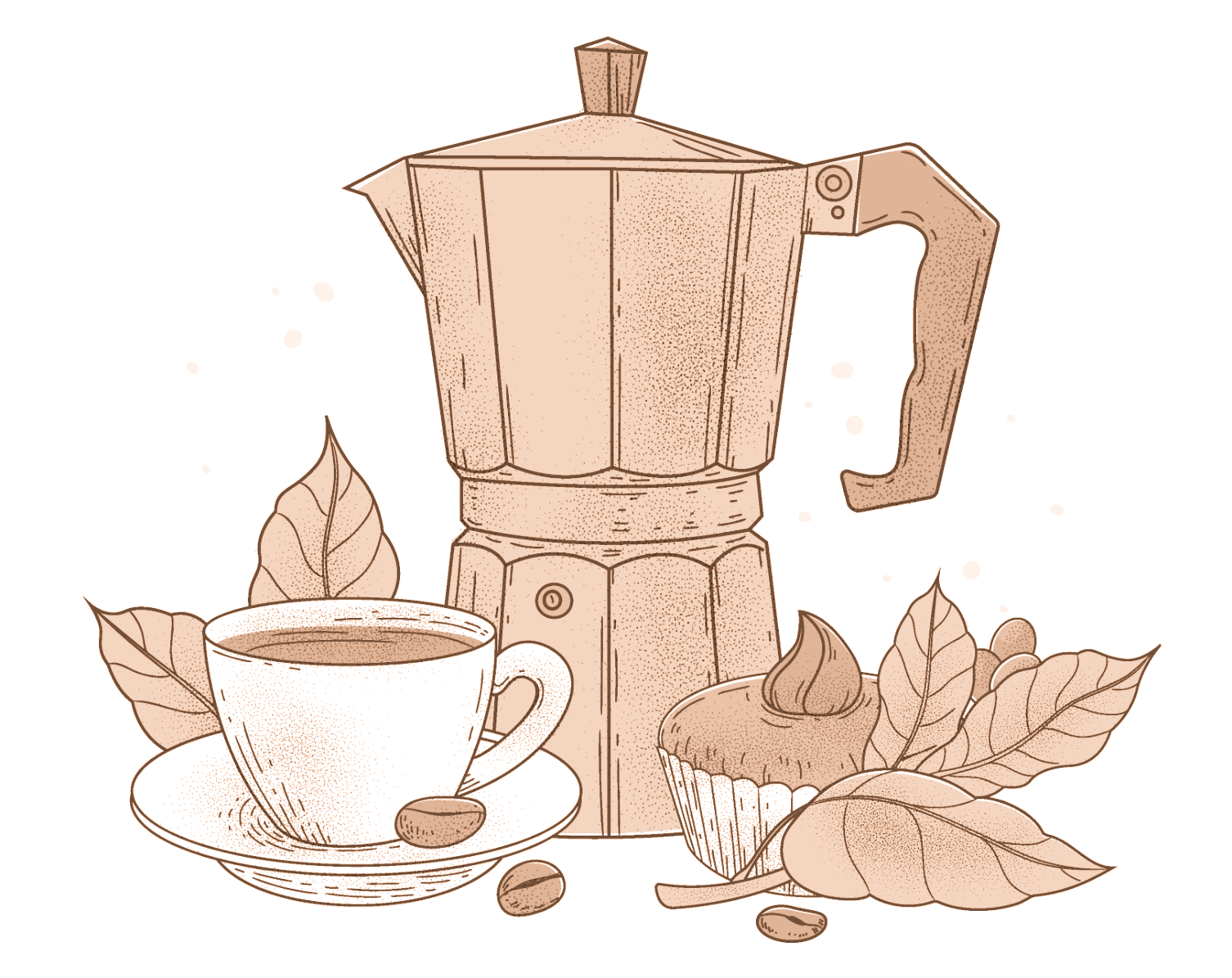 A coffee pot with a coffee cup and a cupcake, inviting you to get in touch with us