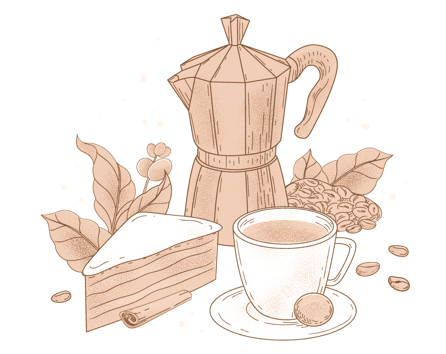 A coffee pot with a coffee cup, a piece of cookie, and a slice of cake, symbolizing that our team is in harmony and works well together