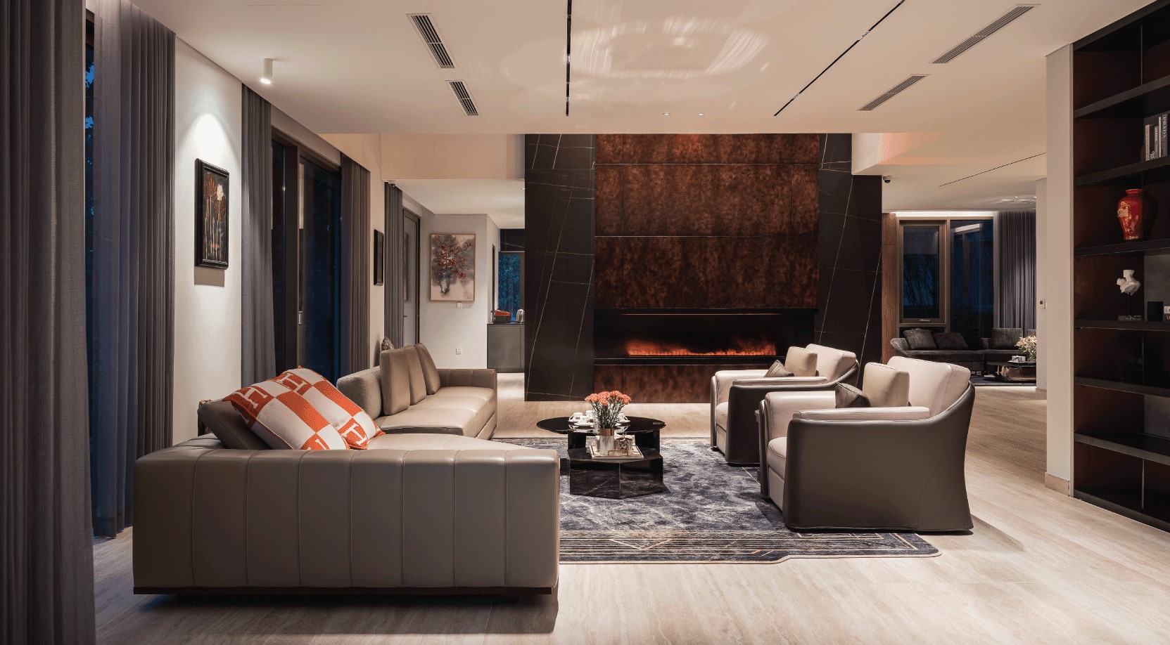 Sofia Interior - Living room view with beautiful sofa, shelves and other wood furniture